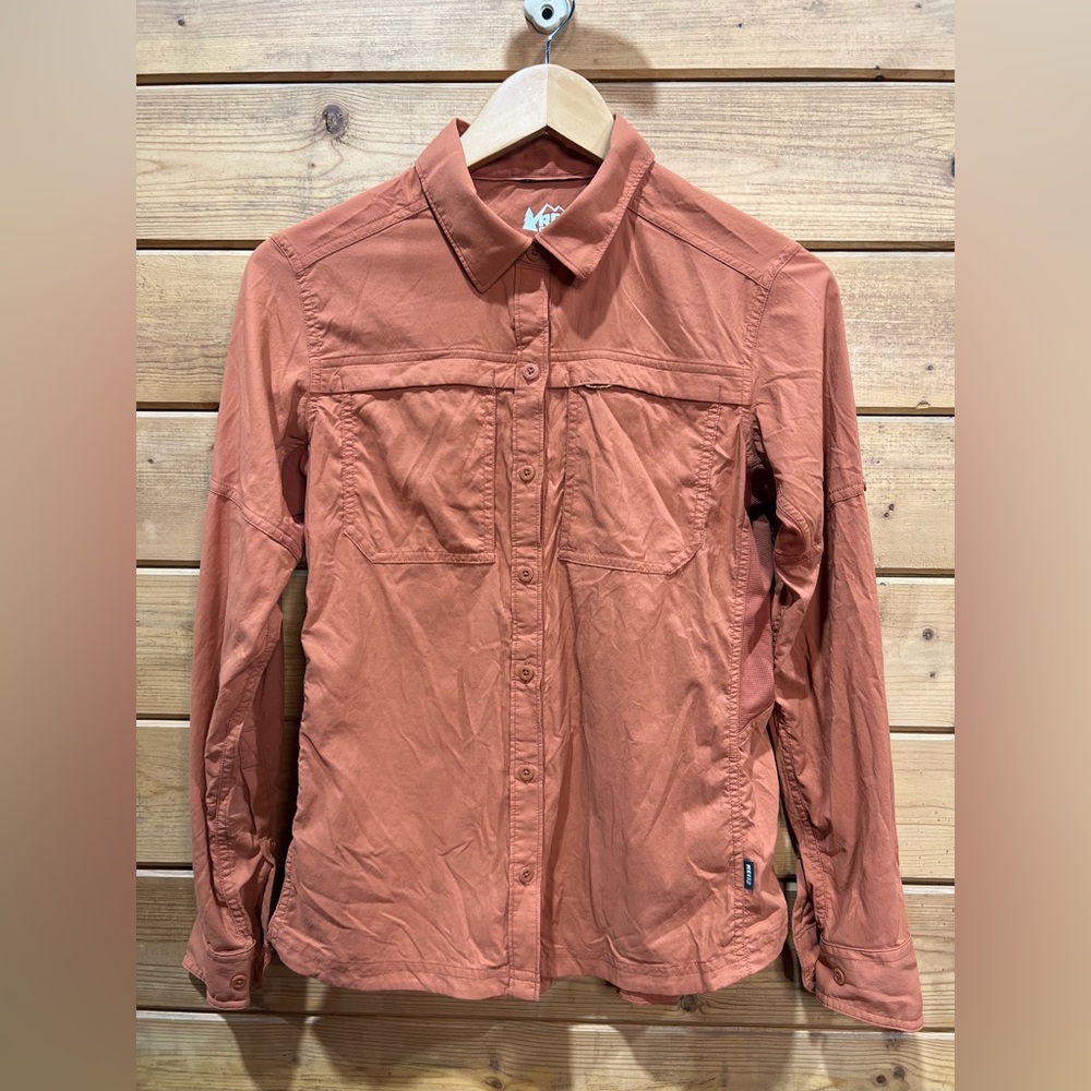 REI Co-op Women’s XS Burnt Orange Stretch Button-Down Shirt Convertible Sleeves